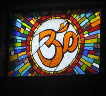 Stained glass window inside Catholic church